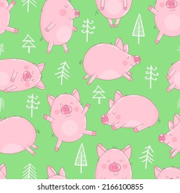 Seamless pattern of hand-drawn pigs and Christmas trees on an isolated green background. Vector illustration of piglets for the New Year, prints, wrapping paper, cards, children, clothes, decor.