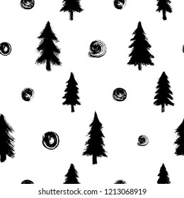 Seamless pattern with hand-drawn pine trees and confetti isolated on white background. Christmas forest wallpaper. Doodle style grunge shapes.