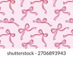 Seamless pattern with hand-drawn pink bows on a light background. Cute decorative design for wrapping paper, textile, wallpaper, packaging, and girly themes.