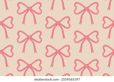 Seamless pattern with hand-drawn pink bows in the shape of hearts. Vector illustration.