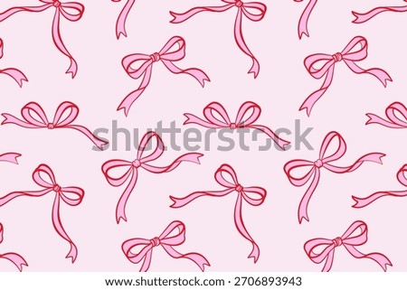 Seamless pattern with hand-drawn pink bows on a light background. Cute decorative design for wrapping paper, textile, wallpaper, packaging, and girly themes.