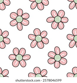 Seamless pattern with hand-drawn pink flowers and green center details