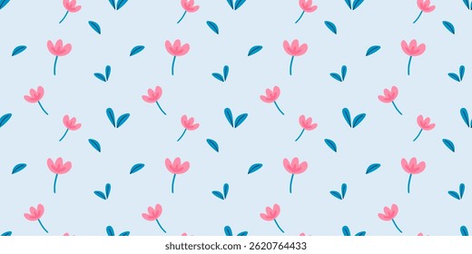 Seamless pattern of hand-drawn pink flowers and blue leaves on a light blue background, ideal for textile prints, wallpapers, and spring-themed designs.