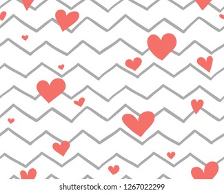 Seamless pattern with hand-drawn pink hearts and light grey zigzag. Valentine's Day background 