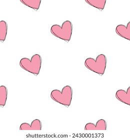 Patrón sin fisuras de corazones rosados dibujados a mano sobre un fondo blanco.