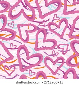 Seamless pattern with hand-drawn pink hearts and colorful brush strokes on a soft pastel background. Playful romantic design perfect for textiles, kids fashion, Valentine’s Day and modern stationery.