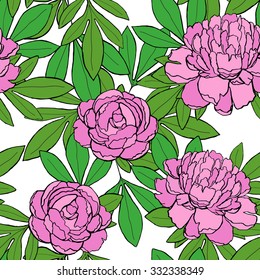 Seamless pattern with hand-drawn pink peonies