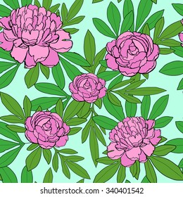 Seamless pattern with hand-drawn pink peonies