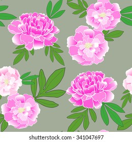 Seamless pattern with hand-drawn pink peonies. Desert Sage color background