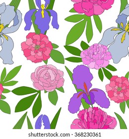 Seamless pattern with hand-drawn pink peonies and irises. No background