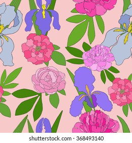 Seamless pattern with hand-drawn pink peonies and irises. Rose Quartz background