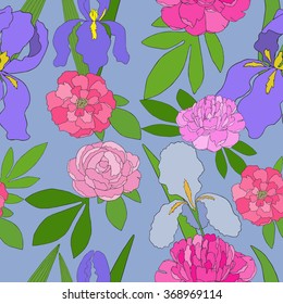 Seamless pattern with hand-drawn pink peonies and irises. Serenity background