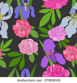 Seamless pattern with hand-drawn pink peonies and irises. 