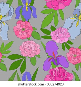 Seamless pattern with hand-drawn pink peonies and irises. 