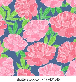 Seamless pattern with hand-drawn pink peonies