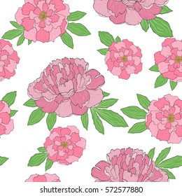 Seamless pattern with hand-drawn pink and red peonies