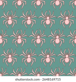Seamless pattern with hand-drawn pink spiders on a teal background. Ideal for Halloween designs