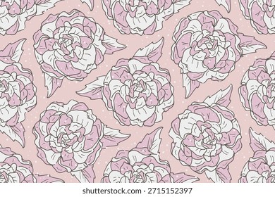 Patrón sin fisuras con flores y hojas de peonía rosa y blanca dibujadas a mano sobre un fondo rosa. Decoración textil de estilo oriental para Fondo de pantalla, tela o tarjetas de felicitación.