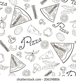Seamless pattern hand-drawn pizza with ingredients of it in vector format