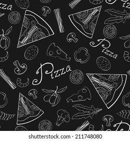 Seamless pattern hand-drawn pizza with ingredients of it in vector format