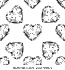 Seamless pattern of hand-drawn planet Earth in heart shape. Nature and ecology vector illustration. Earth Day element. Black-and-white illustration in sketch style. Vintage, doodle.