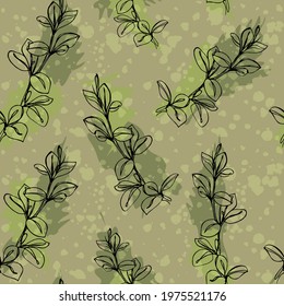 Seamless pattern of hand-drawn plant branches, complemented by colored spots similar to watercolor. The illustration can be used as a graphic design element or for printing on fabric.
