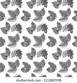 Seamless pattern of hand-drawn plant branches and leaves. Vector floral doodle style for background, textile, design.