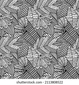 Seamless pattern of hand-drawn plant branches and leaves. Vector floral doodle style for background, textile, design.