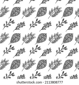 Seamless pattern of hand-drawn plant branches and leaves. Vector floral doodle style for background, textile, design.