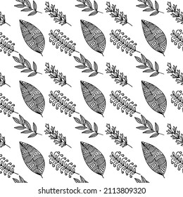 Seamless pattern of hand-drawn plant branches and leaves. Vector floral doodle style for background, textile, design.