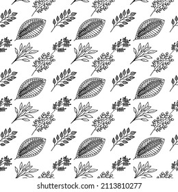 Seamless pattern of hand-drawn plant branches and leaves. Vector floral doodle style for background, textile, design.
