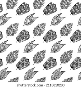 Seamless pattern of hand-drawn plant branches and leaves. Vector floral doodle style for background, textile, design.