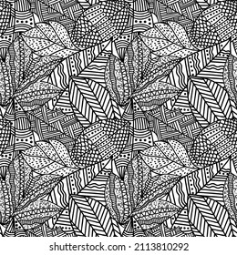 Seamless pattern of hand-drawn plant branches and leaves. Vector floral doodle style for background, textile, design.