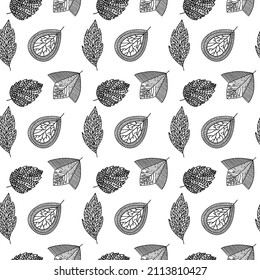 Seamless pattern of hand-drawn plant branches and leaves. Vector floral doodle style for background, textile, design.