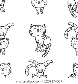 Seamless pattern with hand-drawn playful kitten. Cute pet pattern in doodle style can use for wrapping paper, print on textiles, background for pet shop