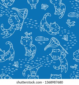 Seamless pattern with hand-drawn playful kittens with birds, butterfly, stones. Cute pet pattern in doodle style can use for wrapping paper, print on textiles, background for pet shop