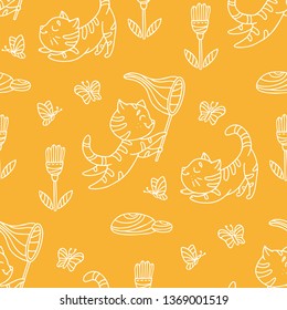 Seamless pattern with hand-drawn playful kittens with butterfly, flowers. Cute pet pattern in doodle style can use for wrapping paper, print on textiles, background for pet shop