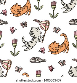 Seamless pattern with hand-drawn playful kittens with butterfly, flowers. Cute pet pattern in doodle style can use for wrapping paper, print on textiles, background for pet shop