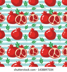 Seamless pattern with hand-drawn pomegranate. Pomegranate seamless pattern on blue stripes background. 