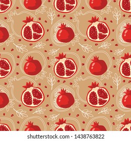 Seamless pattern with hand-drawn pomegranate. Pomegranates with white contours seamless background.