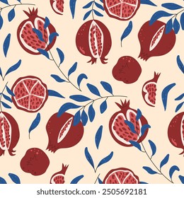 Seamless pattern with hand-drawn pomegranates, leaves and seeds on a light background. Vector hand drawn illustration.