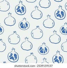 Seamless pattern of hand-drawn pomegranates. Line art. Vector illustration.