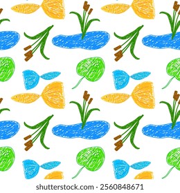 Seamless pattern of hand-drawn ponds, fish, cattails, and water lilies in a colorful, playful design.