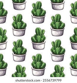 Seamless pattern of hand-drawn potted cacti on a white background. Perfect for home decor, textiles, and stationery. Adds a touch of nature and greenery to any design project.