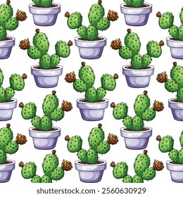 Seamless pattern of hand-drawn potted cacti on a white background. Perfect for home decor, textiles, and stationery. Adds a touch of nature and greenery to any design project.