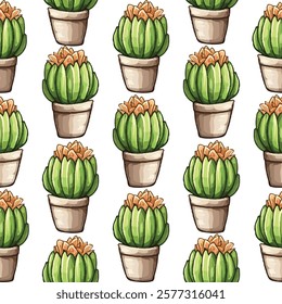 Seamless pattern of hand-drawn potted cacti on a white background. Perfect for home decor, textiles, and stationery. Adds a touch of nature and greenery to any design project.