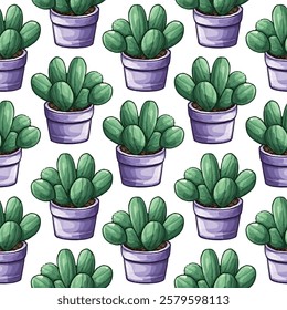 Seamless pattern of hand-drawn potted cacti on a white background. Perfect for home decor, textiles, and stationery. Adds a touch of nature and greenery to any design project.