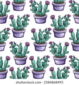 Seamless pattern of hand-drawn potted cacti on a white background. Perfect for home decor, textiles, and stationery. Adds a touch of nature and greenery to any design project.