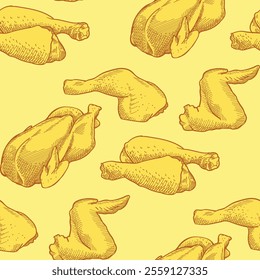 Seamless pattern of hand-drawn poultry meat, classic chicken meat drawing illustration.