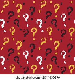 Seamless pattern with hand-drawn question marks on a red background.